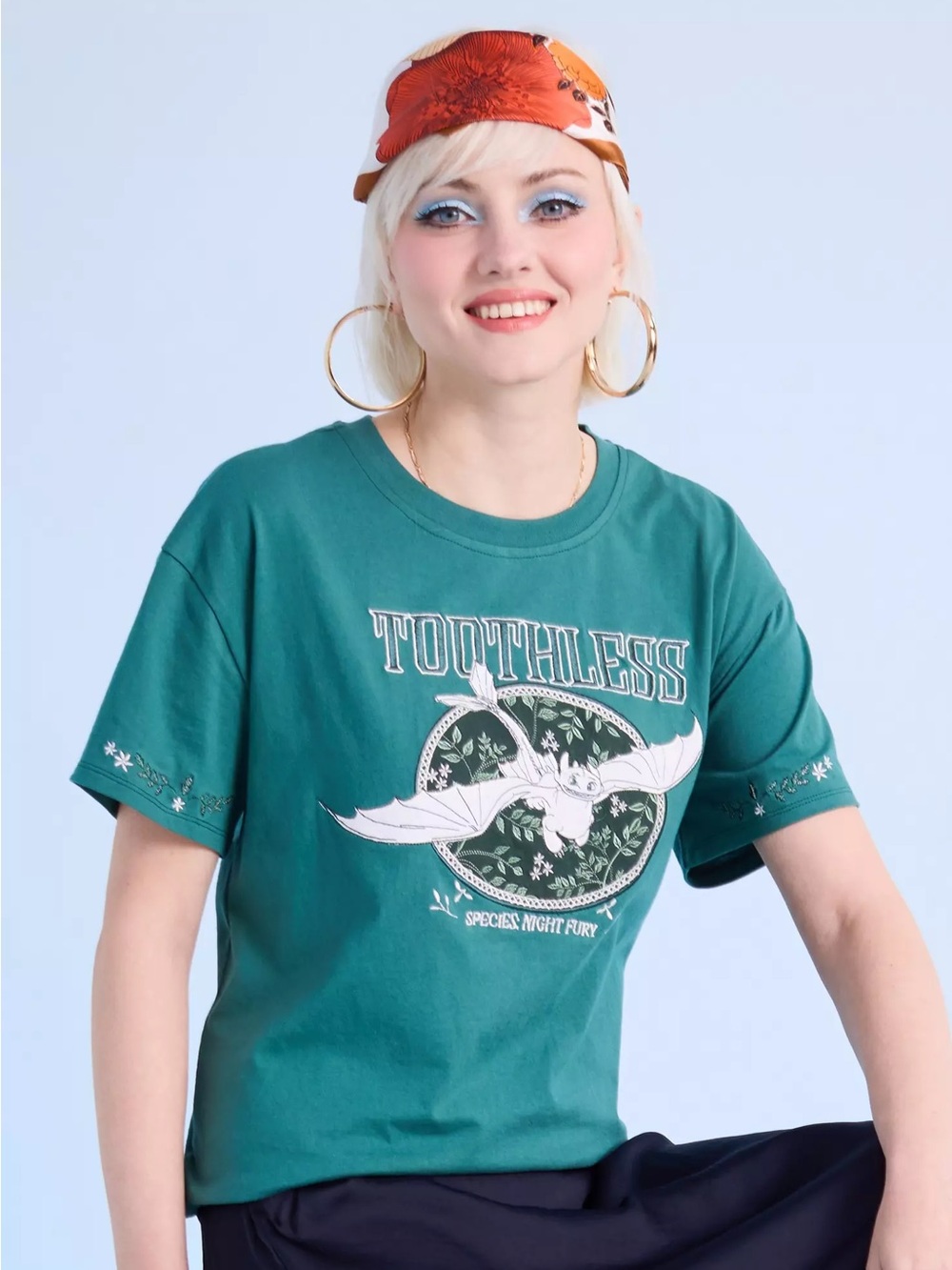 How to Train Your Dragon Toothless Embroidered Tee Green Night Fury Women's S